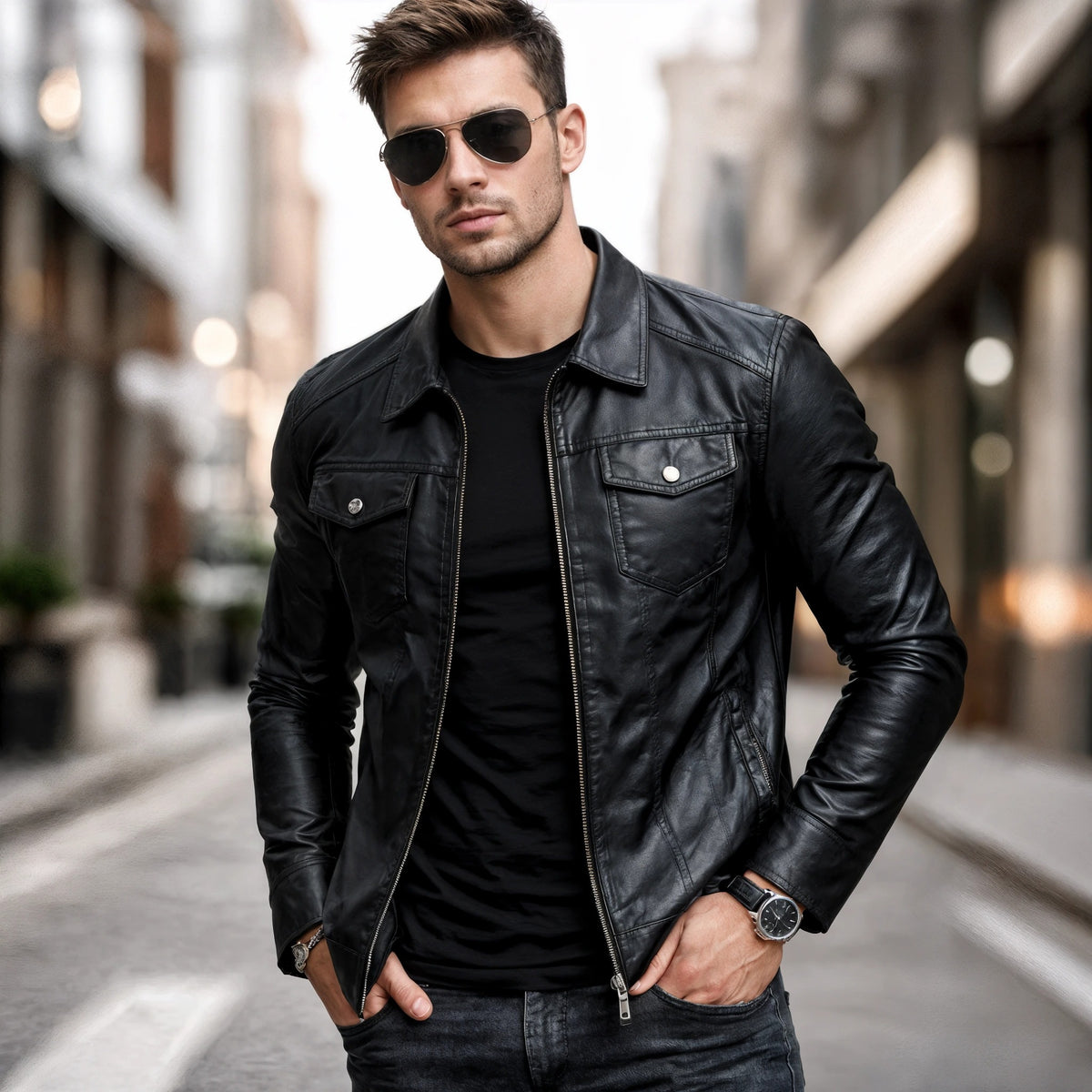 Men's leather jacket with thickened lapel and PU leather.