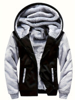Men's padded jacket with hood and front zipper.