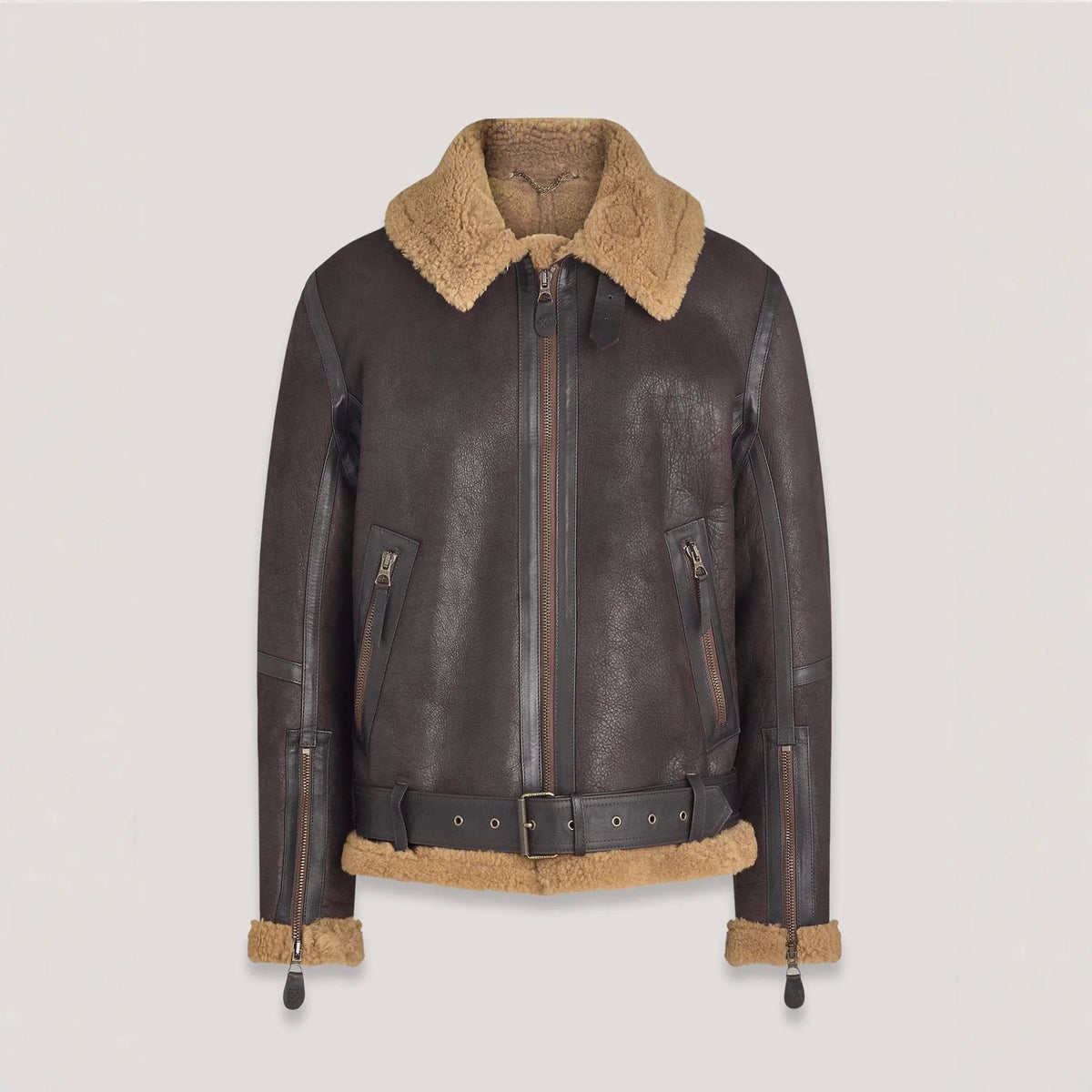 Leather and faux fur long-sleeved jacket for autumn and winter.