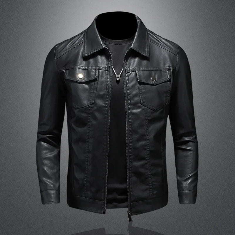 Men's leather jacket with thickened lapel and PU leather.