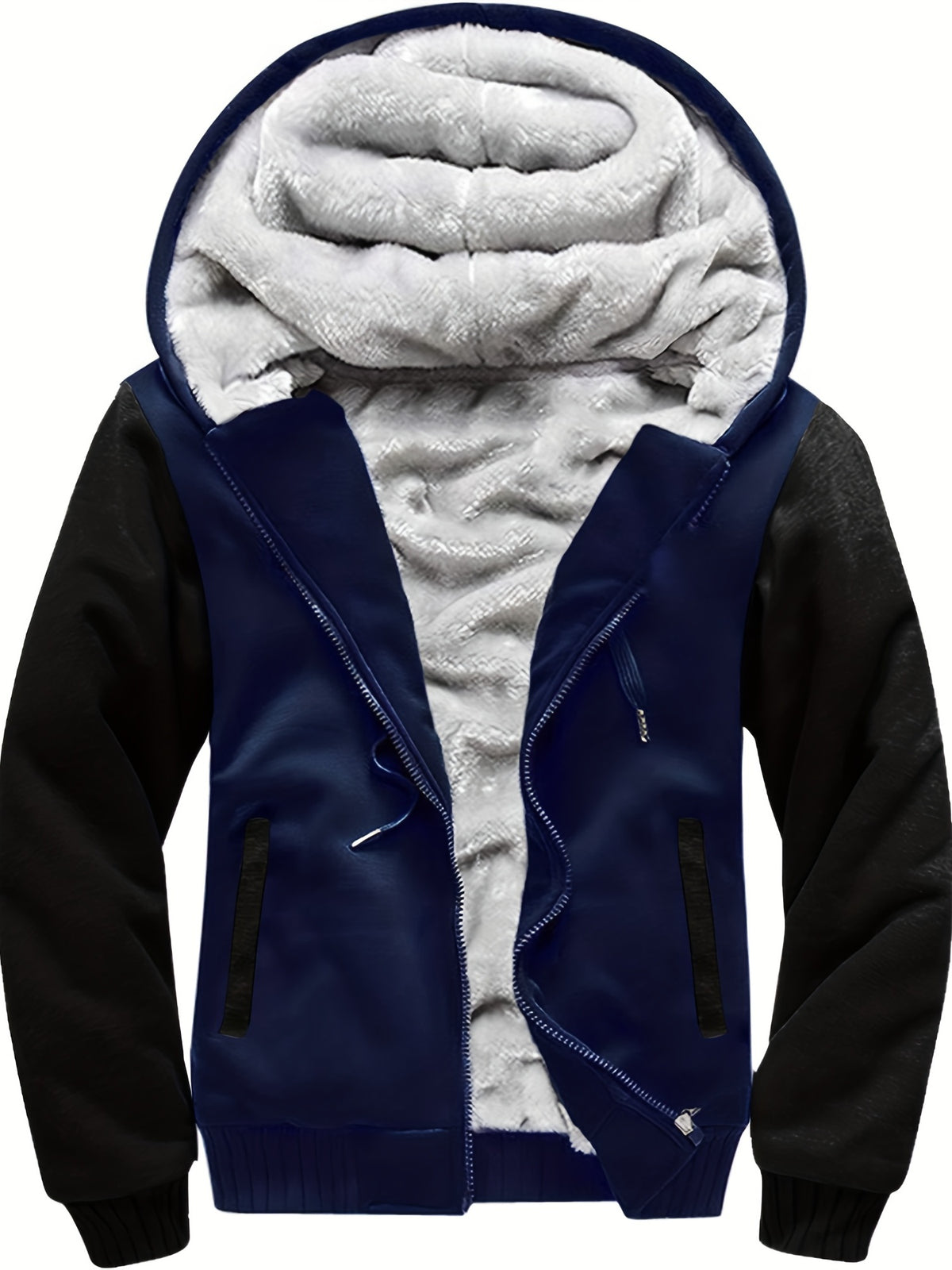 Men's padded jacket with hood and front zipper.