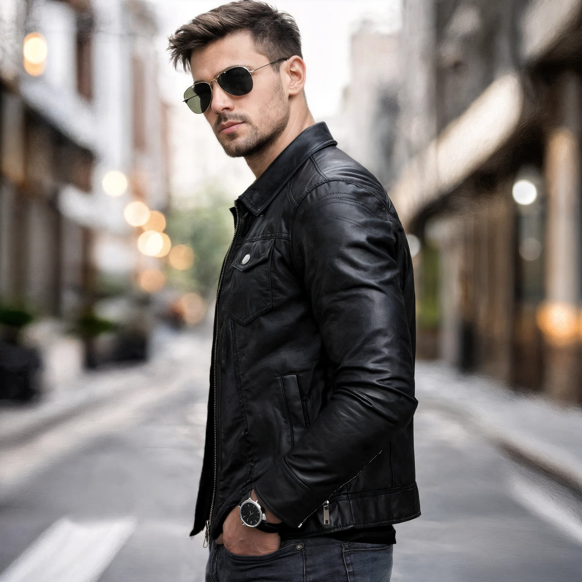 Men's leather jacket with thickened lapel and PU leather.
